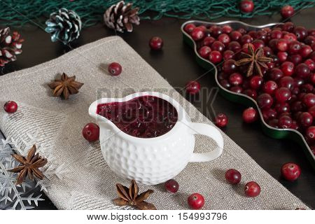 Cranberry sause in ceramic sausepan with fresh berries