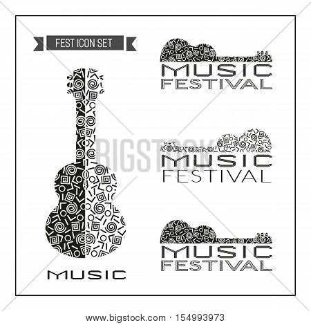 Template Design set of doodle acoustic guitar silhouettes. Vintage music logo. Black white musical instrument icon. Freehand drawn sketch with Memphis pattern. Vector illustration