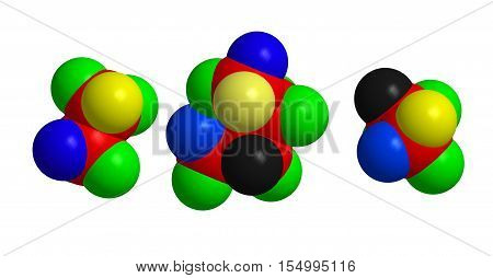 Three small isolated moleculecular structures 3D rendering
