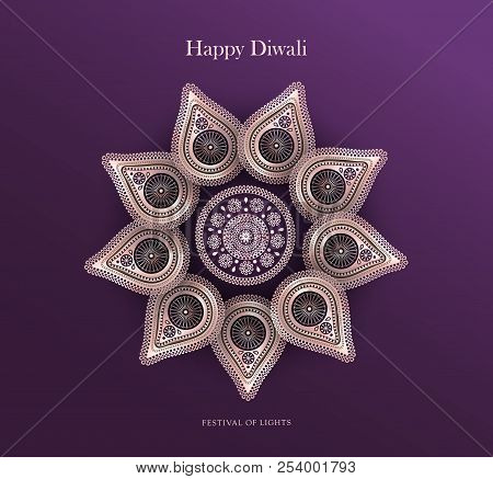 Diwali Festival Holiday Design With National Lamps Diya In The Style Of Rangoli. Indian National Fes
