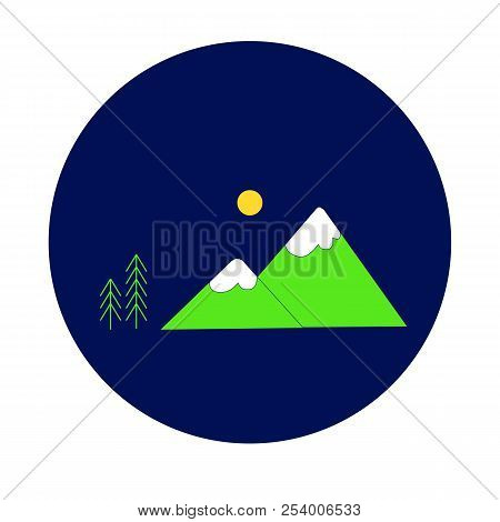 Nature Concept Flat Round Icon With Stylized Yellow Sun, Green Fir Trees, Mountain On Dark Blue Stoc