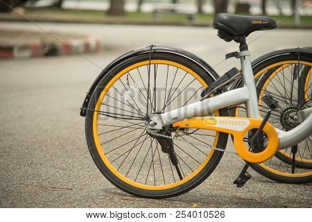 Phuket, Thailand - 10 August 2018- Black Yellow Obike Smart Rental Bicycle Parking On Footpath At Sa
