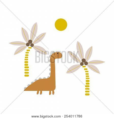 Cute Dino And Palm Tree Vector Illustration For Kids.