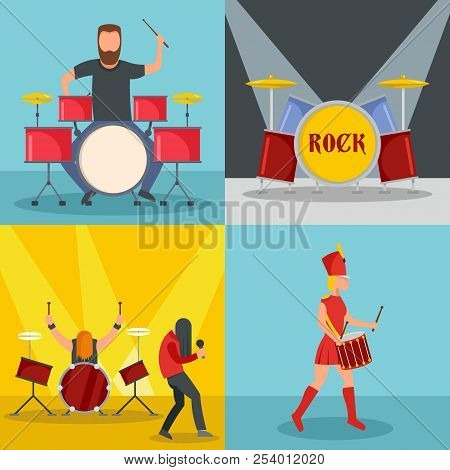 Drummer Drum Rock Musician Icons Set. Flat Illustration Of 4 Drummer Drum Rock Musician Icons For We
