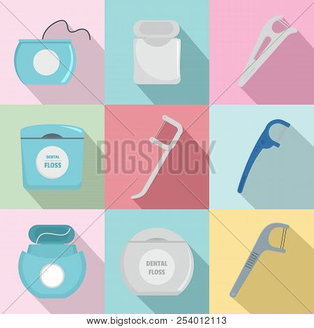 Floss Dental Brushing Teeth Icons Set. Flat Illustration Of 9 Floss Dental Brushing Teeth Icons For 