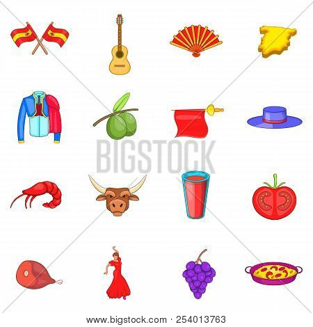 Spain Icons Set In Cartoon Style. Spain Travel Attractions Set Collection Illustration