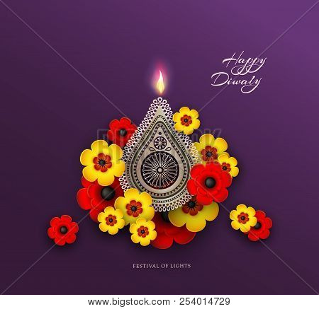 Diwali Festival Holiday Design With Golden National Lamps In The Style Of Rangoli And 3d Flowers. In