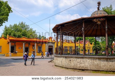 MEXICO CITY,MEXICO - JULY 13,2018 : The main square and the town hall at the historic neighborhood of Coyoacan in Mexico City