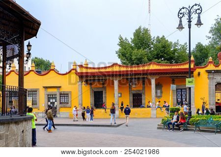 MEXICO CITY,MEXICO - JULY 13,2018 : The main square and the town hall at the historic neighborhood of Coyoacan in Mexico City