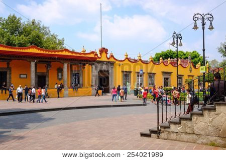 MEXICO CITY,MEXICO - JULY 13,2018 : The main square and the town hall at the historic neighborhood of Coyoacan in Mexico City