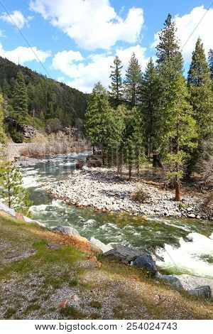 A River With Rapids In The Mountains In California Enroute Lake Tahoe.