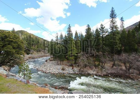 A River With Rapids In The Mountains In California Enroute Lake Tahoe.