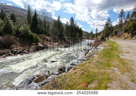 A River With Rapids In The Mountains In California Enroute Lake Tahoe.