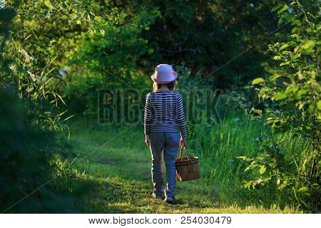Young Girl Walking On A Path Through Green Woods Carrying A Birchbark Basket
