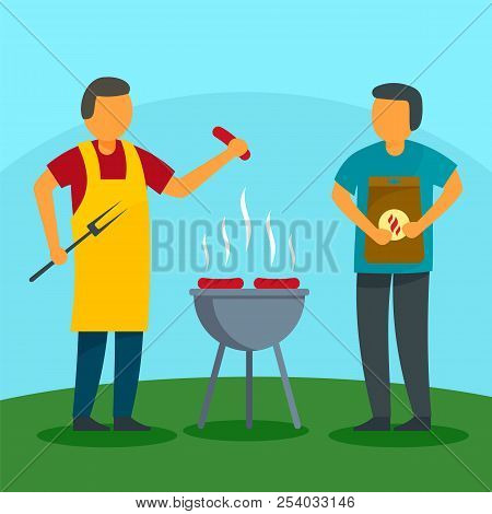 Family Bbq Holiday At Home Background. Flat Illustration Of Family Bbq Holiday At Home Vector Backgr