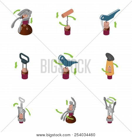Corkscrew Icons Set. Isometric Set Of 9 Corkscrew Vector Icons For Web Isolated On White Background