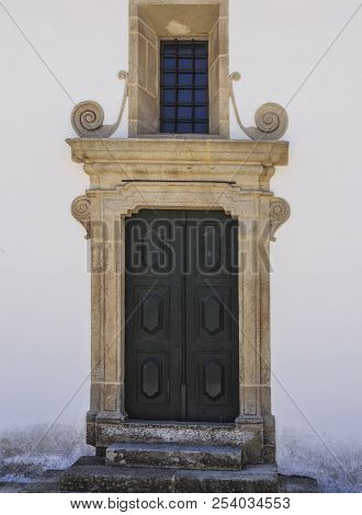 Lateral Door In Baroque Style Of The Parish Church In The Town Of Vila Nova De Foz Coa, Portugal
