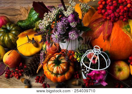 Fall Decor With Birdcage, Apples And Flowers