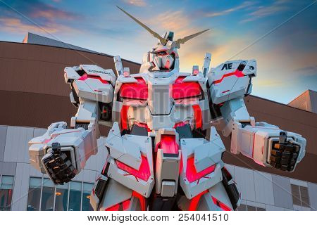 Tokyo, Japan - April 20 2018: Full-size Mobile Suit  Rx-0 Unicorn Gundam Replica From The Mobile Sui
