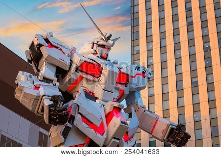 Tokyo, Japan - April 20 2018: Full-size Mobile Suit  Rx-0 Unicorn Gundam Replica From The Mobile Sui