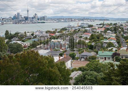 Auckland Cityscape View From The Top Of Mount Victoria Volcano In Devonport, North Island, New Zeala