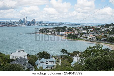 Auckland Cityscape View From The Top Of North Head Volcano In Devonport, North Island, New Zealand.