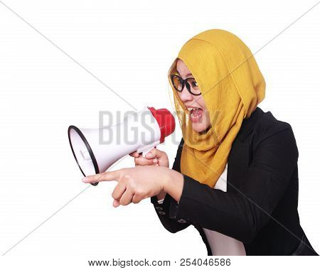 Young Businesswoman Angry, Screaming Using Megaphone