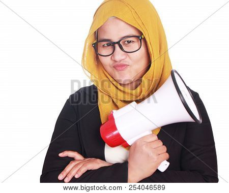 Young Businesswoman Holding Megaphone, Tough Gesture