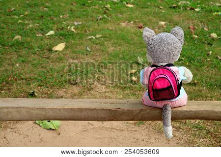 Happy Solo Traveler! A Cute Puppy Soft Toy With Vivid Pink Backpack Sitting On A Wooden Bench In The