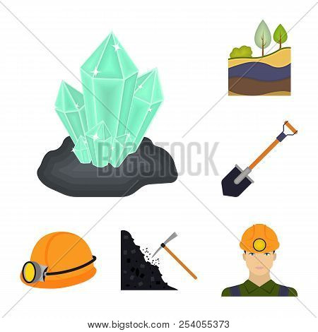 Mining Industry Cartoon Icons In Set Collection For Design. Equipment And Tools Vector Symbol Stock 