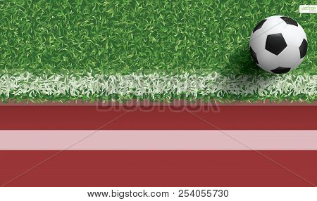 Soccer Football Ball On Green Grass Of Soccer Field With Running Track For Sports Background. Vector