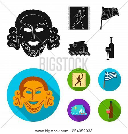 Greece, Running, Wine, Flag .greece Set Collection Icons In Black, Flat Style Vector Symbol Stock Il