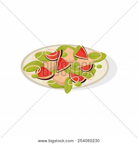 Salad With Fig Fruits On A Plate Vector Illustration On A White Background