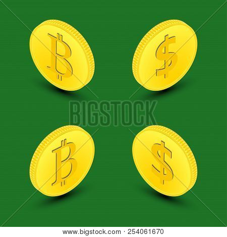 3D Vector Illustration. A Set Of Realistic Gold Coins With Shadows On The Isolated Green Background.