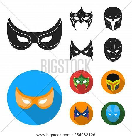 Mask On The Head And Eyes. Super Hero Mask Set Collection Icons In Black, Flat Style Vector Symbol S