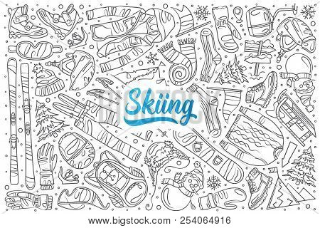 Hand Drawn Skiing Set Doodle Vector Background