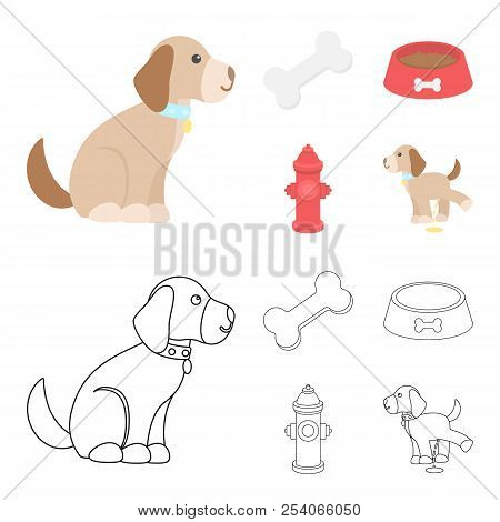 A Bone, A Fire Hydrant, A Bowl Of Food, A Pissing Dog.dog Set Collection Icons In Cartoon, Outline S