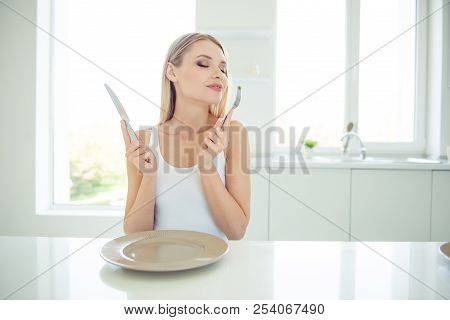 Pleasure Lifestyle Hunger People Person Concept. Close Up Photo Portrait Of Skinny Delightful Full O
