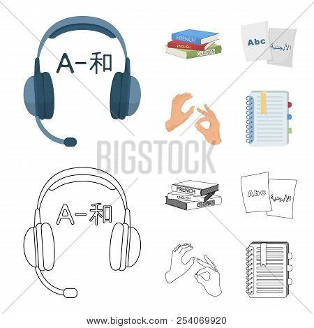 A Pile Of Books In Different Languages, Sheets Of Paper With Translation, A Gesture Of Deaf Mutes, A