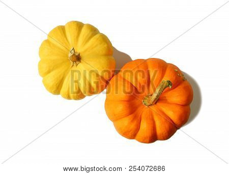 Top View Of A Pair Of Vibrant Color Ripe Pumpkins With Stem Isolated On White Background