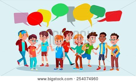 Group Of Pupils Vector. School. Mix Race. Chat Bubbles. Communication Bubble. Teamwork. Lifestyle. M