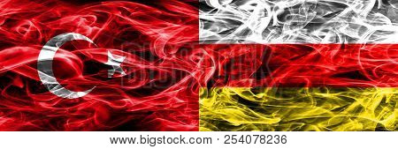 Turkey Vs South Ossetia Smoke Flags Placed Side By Side. Turkish And South Ossetia Flag Together