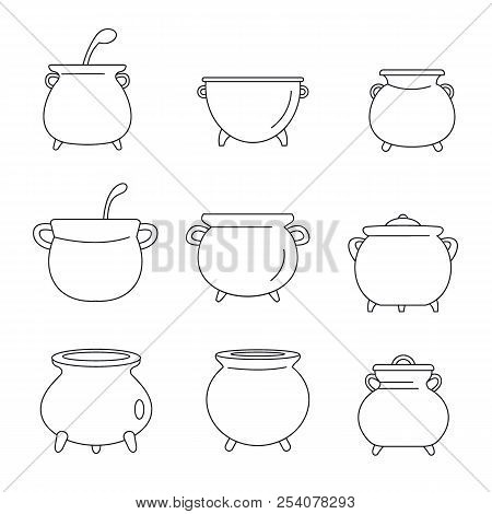 Cauldron Pot Kettle Halloween Icons Set. Outline Illustration Of 9 Cauldron Pot Kettle Halloween Ico