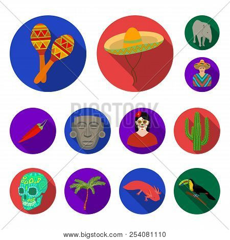 Country Mexico Flat Icons In Set Collection For Design. Mexico And Landmark Vector Symbol Stock Web 