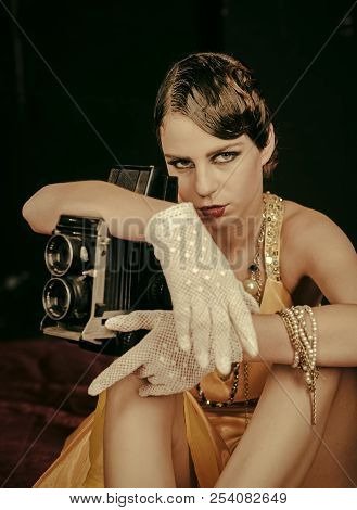 Media And New Technology, Journalism. Pin Up Pretty Fashion Model Photographer. Woman With Retro Hai