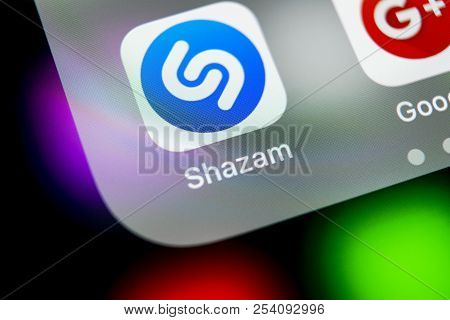Sankt-petersburg, Russia, August 16, 2018: Shazam Application Icon On Apple Iphone X Screen Close-up