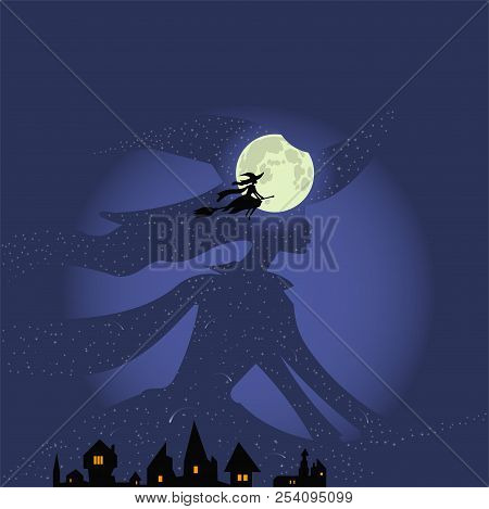 Halloween Theme: Double Exposure, Beautiful Witch Flies On Broomstick Over Town, Dark Blue Night Sky