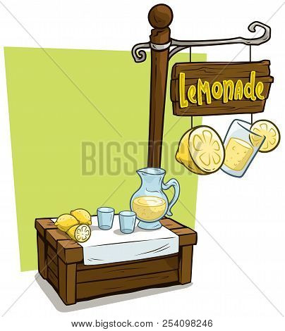 Cartoon Fresh Lemonade Vendor Booth Or Shop Market Wooden Stand. Wooden Sign With Text Lemonade. Vec