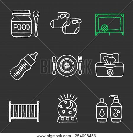 Childcare Chalk Icons Set. Baby Food, Socks, Playpen, Feeding Bottle, Dishes, Wet Wipes, Crib, Night