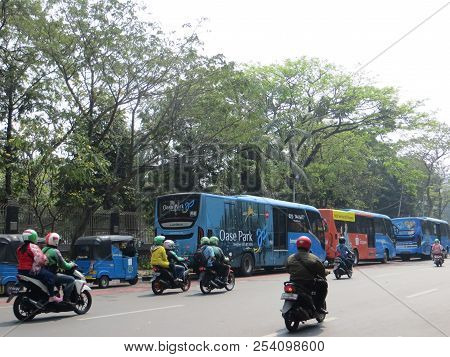 Jakarta, Indonesia - August 2, 2018: Urban Transportation On Jalan Katedral.